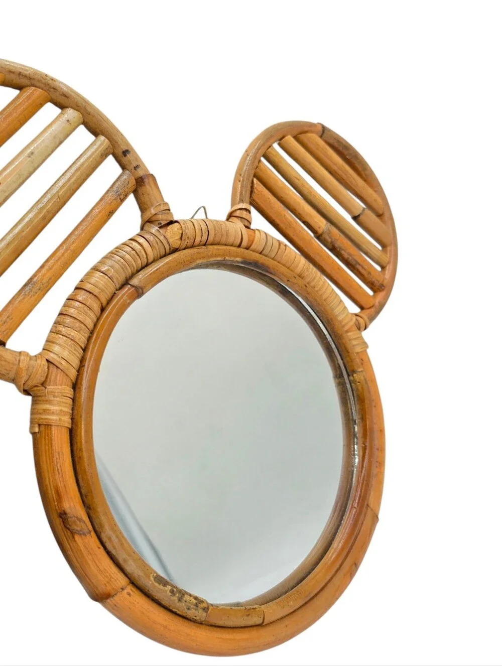 Round Brown Rattan Framed Wall Mirror Mouse Ear Design Wall Mounted